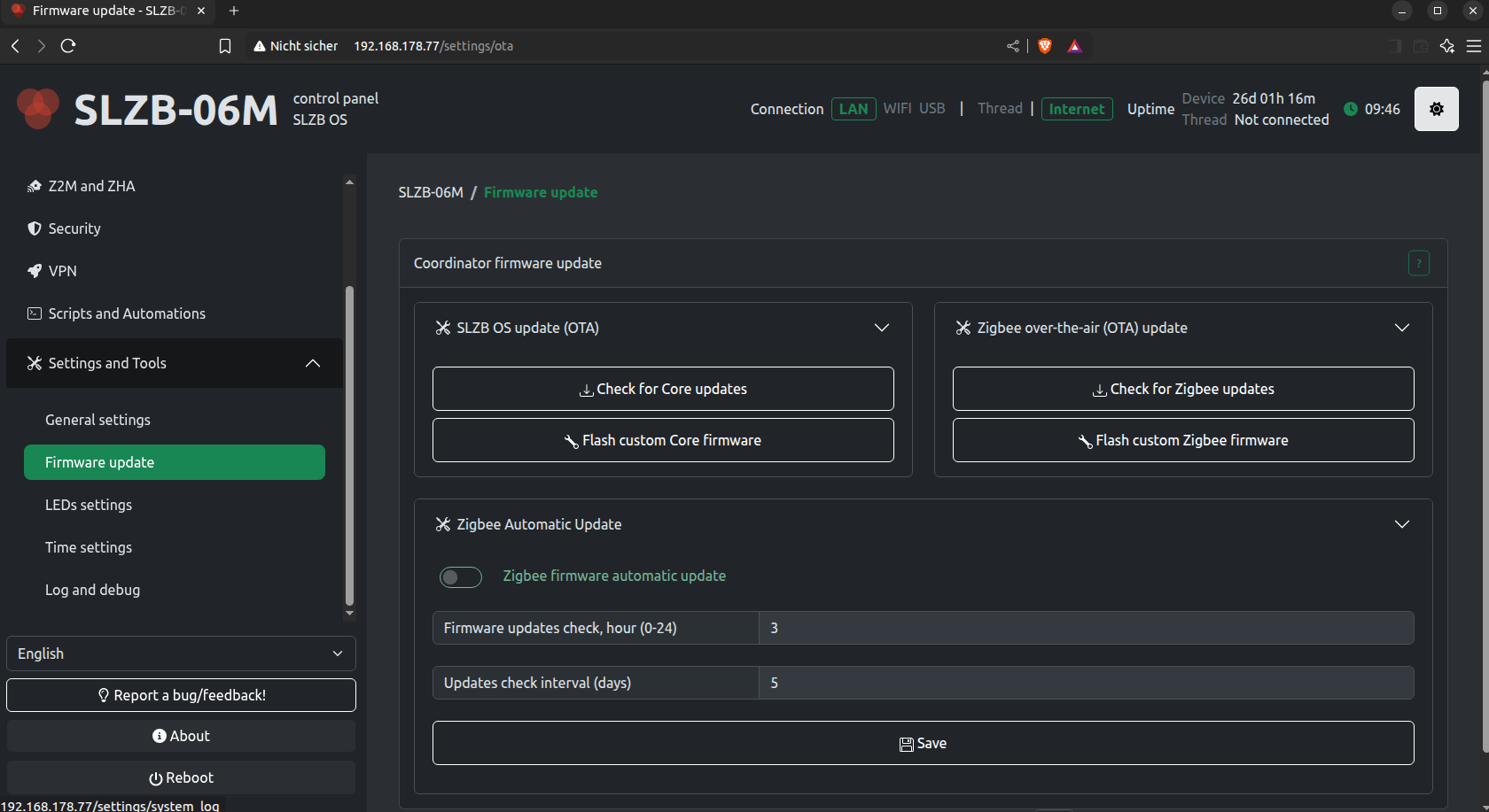 One-click updates via web UI: Easily update both the Zigbee firmware and the internal SLZB OS, no command line, no re-flashing, no hassle.